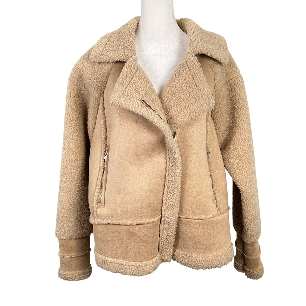 Princess Polly Tan Faux Suede Sherpa Aviator Jacket L/XL Oversized Moto